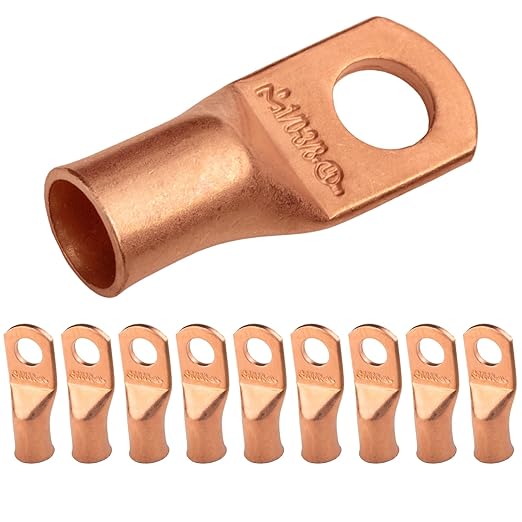 SELTERM 10pcs 1/0 AWG - 3/8" Stud - Battery Lugs, Heavy Duty Wire Lugs, Ring Terminals, Battery Cable Ends,0 Gauge Terminals, UL Bare Copper Eyelets Electrical Battery Terminal Connectors