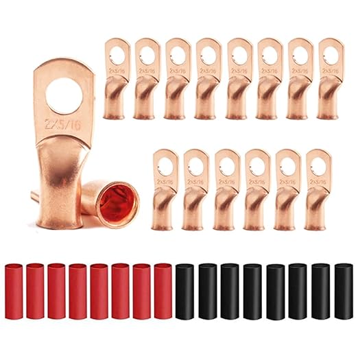 16Pcs 2 AWG 5/16" Stud Copper Ring Terminals Battery Cable Ends Wire Lugs with Heat Shrink Tubing 2 Gauge Heavy Duty Cable Lugs Bare Copper Eyelets Tubular Ring Terminal