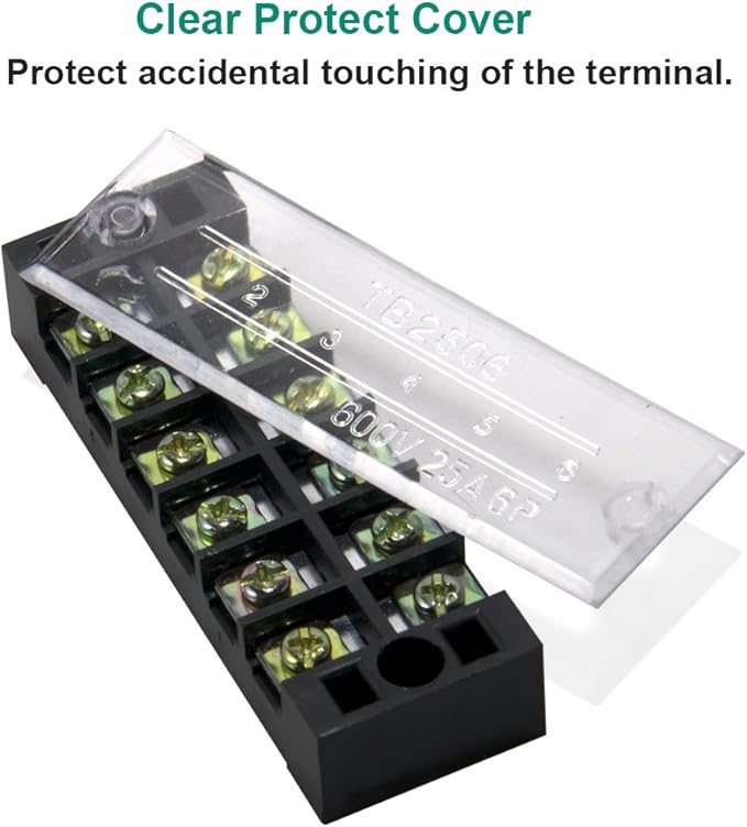 MILAPEAK Terminal Block and Strip - 5pcs 6 Positions 600V 25A Dual Row Screw Terminals Strip with Cover+5pcs Pre-Insulated Barrier Jumper Strips Black & Red + Spade Fork Wire Connectors