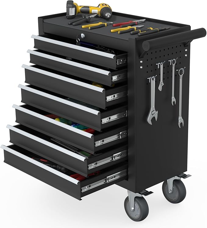 7-Drawer Rolling Tool Chest, Tool Box with 4 Wheels and Drawers, High Capacity Detachable Mobile Tool Storage Cabinet for Garage, Workshop, Mechanics and Repair Room (Black)