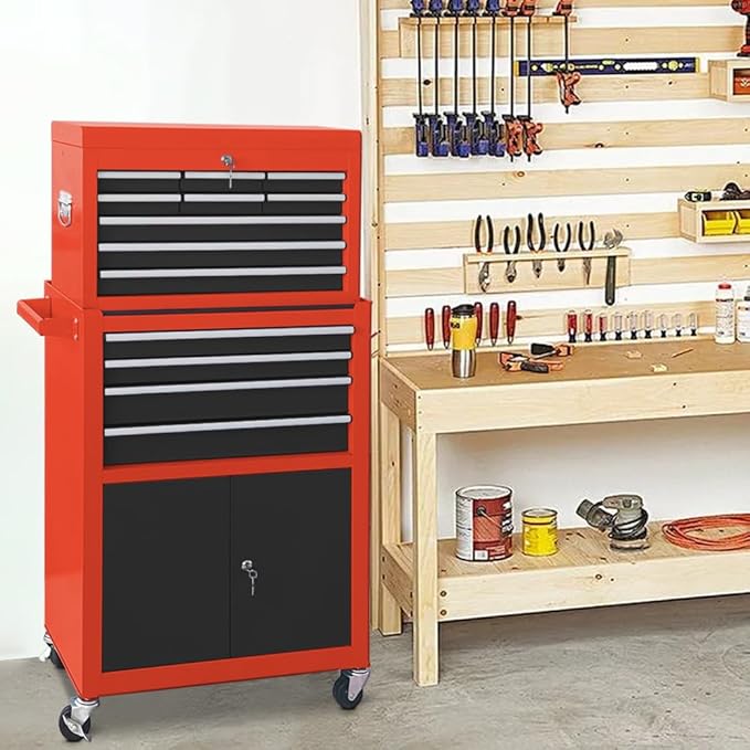 13-Drawer Tool Chest with Double Door and wheels, Large Detachable Toolbox with Sliding Drawers, Mechanic Tool Box Storage Cabinets, Metal Tool Cart for Garage Workshop (RED＆BLACK)