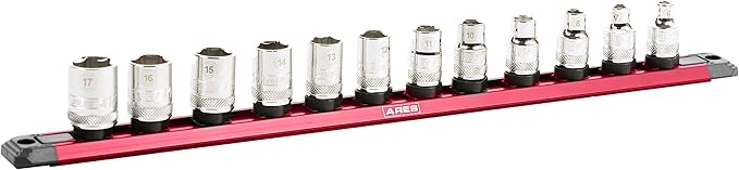 ARES 60169 – 3/8-Inch Drive 15.5-Inch Red Twist Lock Magnetic Socket Rail - Store up to 12 Metric or SAE Sockets and Keep Your Tool Box Organized – Magnetic Base for Easy Socket Organization
