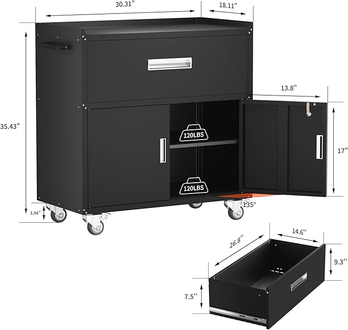 Metal Garage Storage Cabinet with Wheels, Lockable Rolling Tool Chest with Wheels, Tool Cabinet on Wheels, Metal Rolling Utility Cabinet for Home, Office, Garage and Workshop, Black