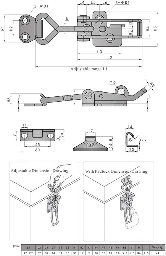 Adjustable Buckle Cabinet Boxes Lever Handle Toggle Catch Latch Lock with Screws,2 Pcs (SK-2S,Range:97-123mm)