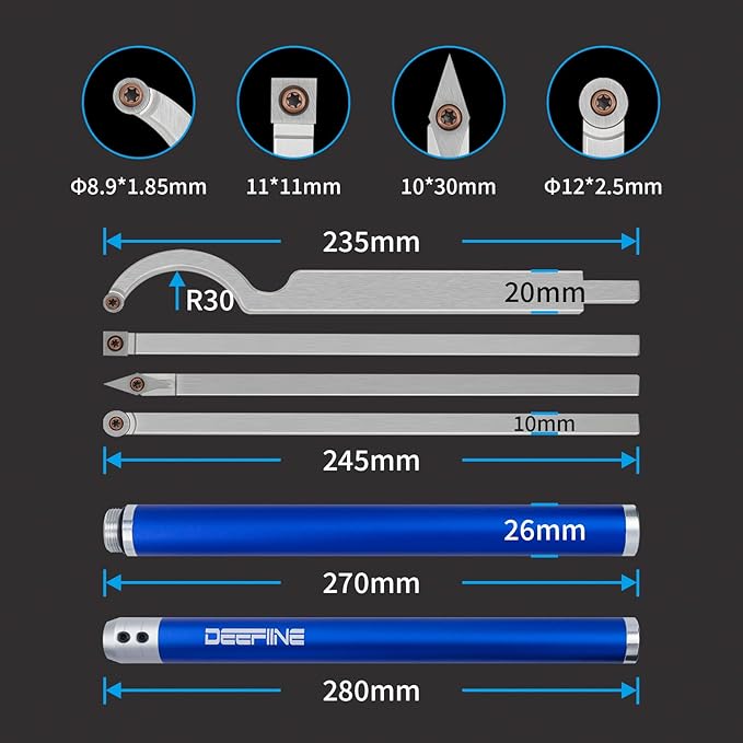 Carbide Tip Wood Lathe Turning Tool Kit, Lathe Roughing and Finishing Hollow Tool Interchangeable Aluminum Alloy Handle with Diamond Round Square Carbide Inserts (Metal handle)
