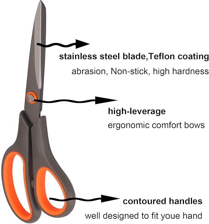 2 Pack 8" Titanium Non-Stick Scissors, All-Purpose Professional Stainless Steel Shears Comfort Soft Grip, Straight Office Craft Scissors for DIY School Home