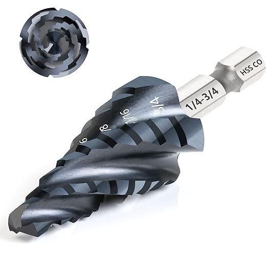 M35 Cobalt Step Drill Bit, Four Spiral Flute Unibit Step Drill Bit (1/4"-3/4") Wear-Resistant TiAlN Coated, 1/4" Hex Shank for Metal, Carbon Steel, Stainless Steel, Wood, Plastic (9 Size)