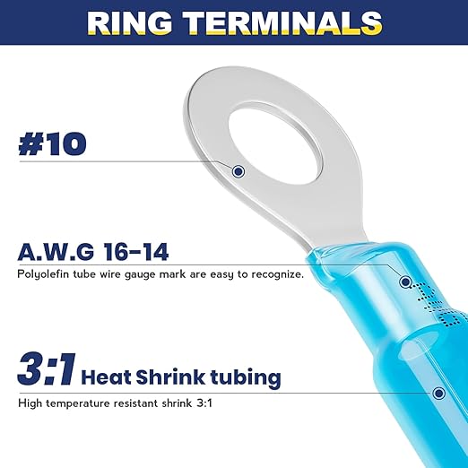 haisstronica 600PCS Heat Shrink Ring Connectors,AWG 22-10 Marine Grade Heat Shrink Wire Connectors Tinned Red Copper #10,1/4",5/16",3/8"Ring Terminals(3Colors/4Sizes)