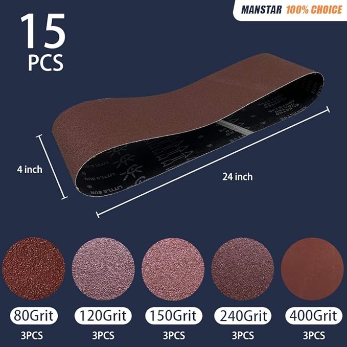 15 Pcs 4 x 24 Inch Assorted Aluminum Oxide Sanding Belt,80/120/150/240/400 Grit