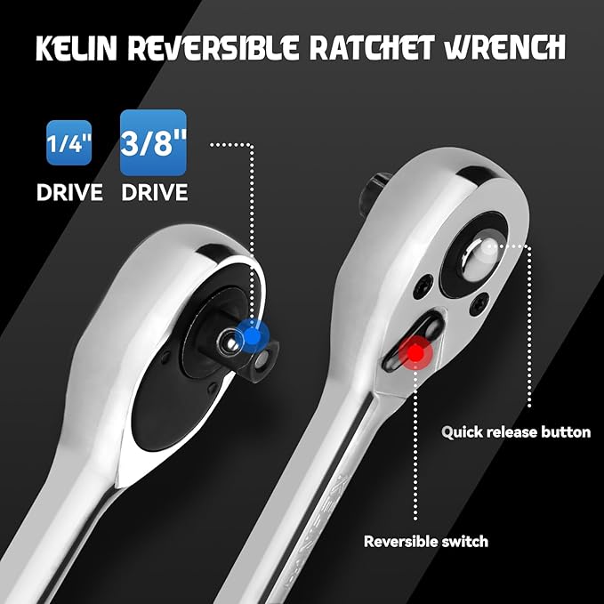KELIN Socket Wrench Set 108 Pcs,1/4-Inch and 3/8-Inch Drive Socket Set with 72 Tooth Reversible Ratchets, Metric Bit Socket Set and Extension Bar for Auto Repairing and Home Use