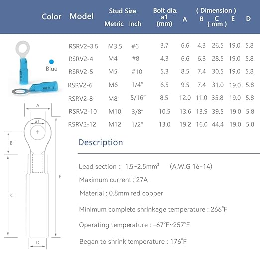 HKS 50 PCS Ring Terminals #10 Blue 16-14 AWG - M5 - Electrical Connectors - Heat Shrink Wire Connector Kit - Tinned Red Copper - Automotive Marine Ring Connectors - Waterproof and Insulated
