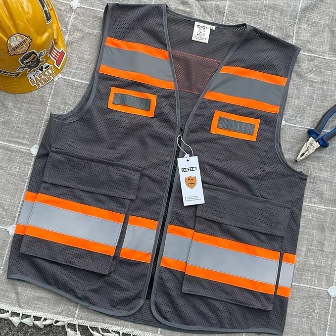 TCCFCCT Mesh Reflective Safety Vest with Pockets High Visibility Vest for Men Women, Work Vest with Fluorescent Orange Extend Edge, Meets ANSI/ISEA Standards, Grey, M