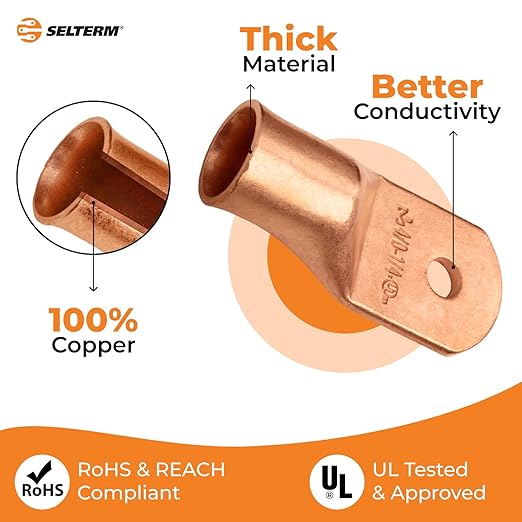SELTERM 25pcs 4/0 AWG 1/4" Stud Battery Lugs, Ring Terminals, Heavy Duty Copper Wire Lugs, Battery Cable Ends, 0000 Gauge Ring Terminal Connectors, UL Bare Copper Eyelets Electrical Battery Cable Lugs