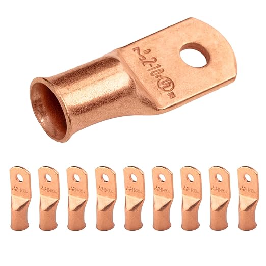 SELTERM 10pcs 2 AWG - #10 Stud Battery Lugs, Heavy Duty Wire Ring Terminals, Cable Ends, 2 Gauge UL Bare Copper Eyelets Electrical Terminal Connectors