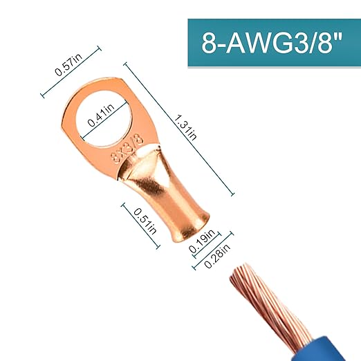 Battery Cable Ends, 8PCS 8 Gauge Wire Connectors 3/8 Copper Wire Lugs, Bare Copper Eyelets with Heat Shrink Tubing
