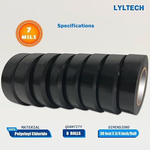 Black Electrical Tape 8Rolls, 7mils x 3/4 in x 30 ft, Flame Retardant,Waterproof,Strong Adhesive, Durable, Easy-Wrap,High Temp Electrical Tape Electric Super Vinyl