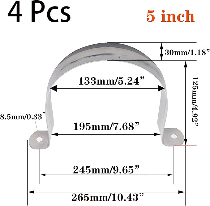 4 Pcs 5inch Rigid Pipe Strap,Two Hole Stainless Steel Strap U Bracket, Widened Tube Strap Tension Clip Assortment Kit Heavy Duty Pipe Clamp for Pipe Fixing（133mm）