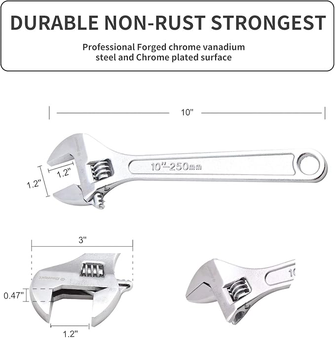 Donext 10 Inch Adjustable Wrench Professional Hand Tool CR-V Steel Crescent Wrench