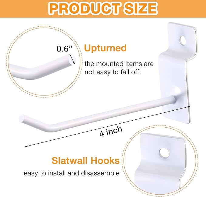 Moxweyeni 100 Pack Slatwall Hooks Slatwall Accessories Slat Wall Hanging Pegboard Hangers Slat Board Display Hooks for Retail Garage Organization Gridwall, White(4 Inch)