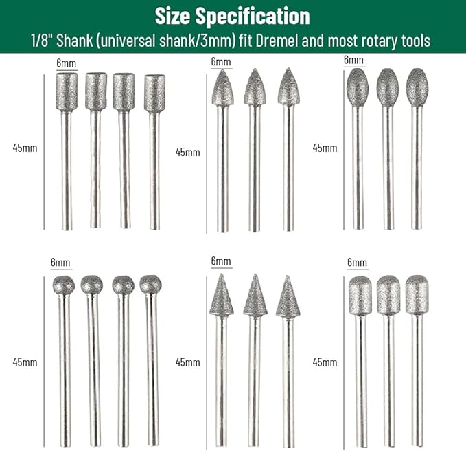 Diamond Grinding Burr Drill Bit Set Compatible with Dremel Rotary Tool 20Pcs Diamond Drill Bits with 1/8" Shank Rotary Tool Accessories for Carving Engraving Grinding Polishing Stone Glass Ceramic