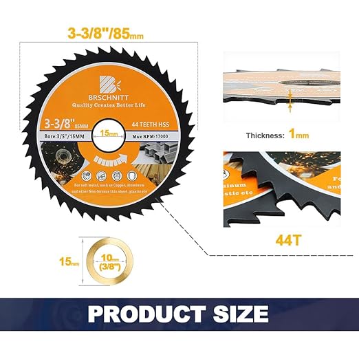 HSS Circular Saw Blade 3 3/8inch - BRSCHNITT 3pcs 44T 3/5"-3/8" Bore Cutting Discs for Cutting Wood, Copper, Aluminum, Plastic and Soft Metal