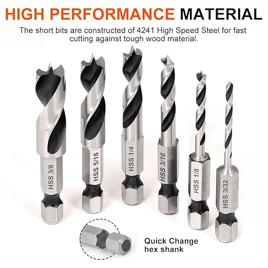 COMOWARE Brad Point Stubby Drill Bit Set for Wood, Short Length Drill Bit Set 6pcs HSS 4241 Steel with 1/4-Inch Quick Change Hex Shank