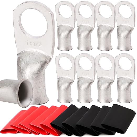 TKDMR 10pcs 1 Awg-1/2 Ring Marine Grade Copper Wire Lugs,with 3:1 Heat Shrink Tubing,UL Battery Cable Ends,Heavy Duty Cable Lugs,Tinned Copper Eyelets,Tubular Ring Terminals