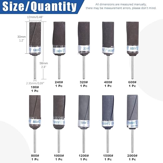 Glarks 10Pcs Sanding Drums Sleeves Polishing Rolls, Abrasive Grinding Head Sandpaper Bar Sticks, 180/240/320/400/600/800/1000/1200/1500/2000 Grit Cylinder Polishing Grinding Mounted Sanding Points