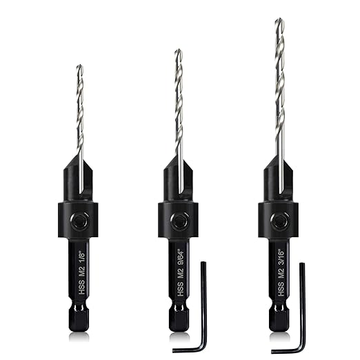 3-pc Countersink Drill Bit Set #10#12#16, 3in1 Woodworking Counterbore Hole Saw Drill Bits, Depth Adjustable M2 Pilot Drill Bits, 82-Degree Chamfer, 1/4” Hex Shank, with 1 Allen Wrench