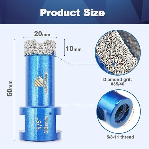 4/5 Inch Diamond Core Drill Bit for Porcelain Tile Ceramic Marble Granite Drilling,BRSCHNITT 1pc Vacuum Brazed Diamond Hole Saw with 5/8-11 Thread (20mm)
