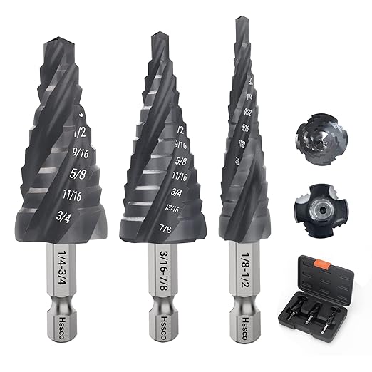 MABLEVI M35 Four Spiral Flute Cobalt Step Drill Bit Set 1/8"-7/8", Wear-Resistant TiAlN Coated 1/4" Hex Shank Unibit Step Bit for Metal, Stainless Steel, Aluminum, Wood, Plastic（3Pcs）