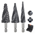 MABLEVI M35 Four Spiral Flute Cobalt Step Drill Bit Set 1/8"-7/8", Wear-Resistant TiAlN Coated 1/4" Hex Shank Unibit Step Bit for Metal, Stainless Steel, Aluminum, Wood, Plastic（3Pcs）