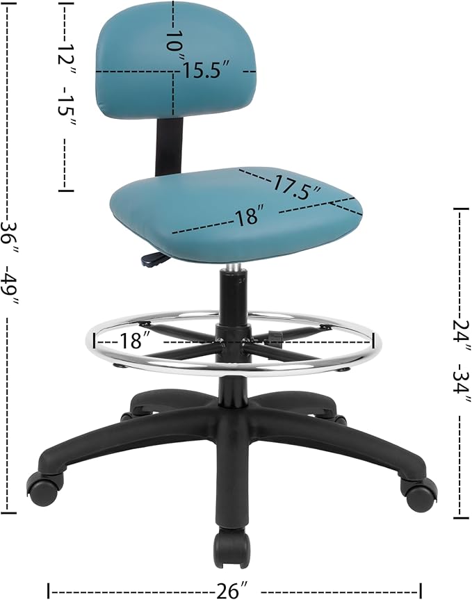Chair Master FSS Series Square seat Tall (24"-34") seat Height Chair. Vinyl-for Office, Garage, Desk, Shop, Computer, Doctor, Medical, Easy to Clean! 18" Footring ((Aqua, Tall, _Standard Casters)