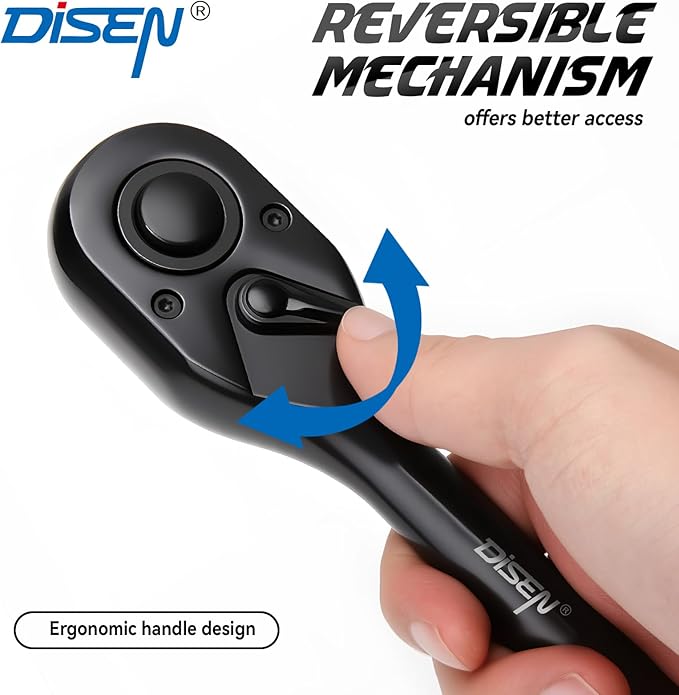 DISEN 3PCS Black Ratchet Set (1/2", 3/8", 1/4" Drive) - 90-Tooth Contour Handle, Black Oxide Finish with Reversible Quick Release & EVA Tray - Industrial Ratchet Wrench Kit