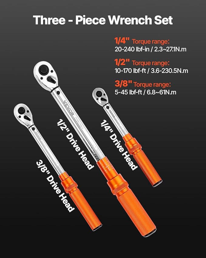 VEVOR Click Torque Wrench Set, 3 Pieces, 1/4, 3/8, 1/2 Inch Drive, 10-170 lbf-ft, 5-45 lbf-ft, 20-240 lbf-in, Dual-direction and Dual Range Scales, 72-Tooth, ±3% High Precision, for Bicycle Repair