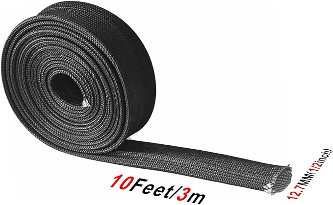 Fiberglass Hose Heat Shield Sleeve Spark Plug Wire Heat Protector Boots Auto Hose Roll 2500 Degree for Car&Auto Wire Loom Brake Line Cable (Black 1/2" IDX10')