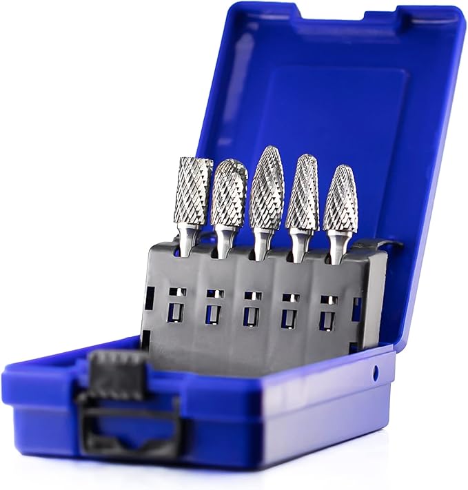 Carbide Burrs Set 5pcs with 1/4''Shank SB-5 SC-5 SF-5 SH-5 SL-4 Double Cut Solid Power Tool Rotary Files Bits for Die Grinder Metal Wood Carving Engraving Polishing Drilling Grinding Milling Cutting