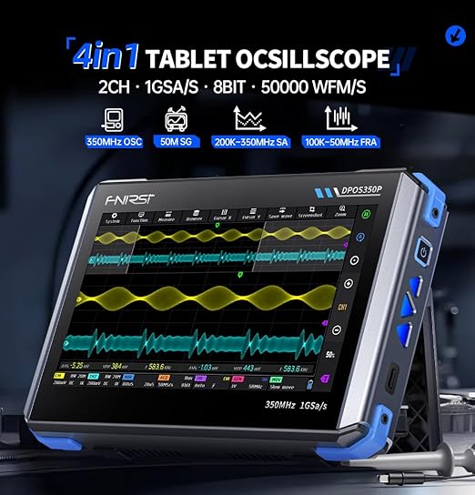 FNRSI DPOS350P 4-in-1 Oscilloscope, 350MHz Digital Phosphor Scope + 50MHz Signal Generator + 350MHz Spectrum Analyzer + 50MHz FRA, 1GSa/s, 7" Touchscreen, Portable Lab Analyzer with Fast Charging