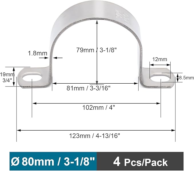 OD 3-1/8" Conduit Clamp 304 SS Pipe Support U Bracket, Tube Clamp for Large Cable/Water Pipe/Pipe, Heavy Duty Strap Clamps | OD 3-1/8" | 4 pcs