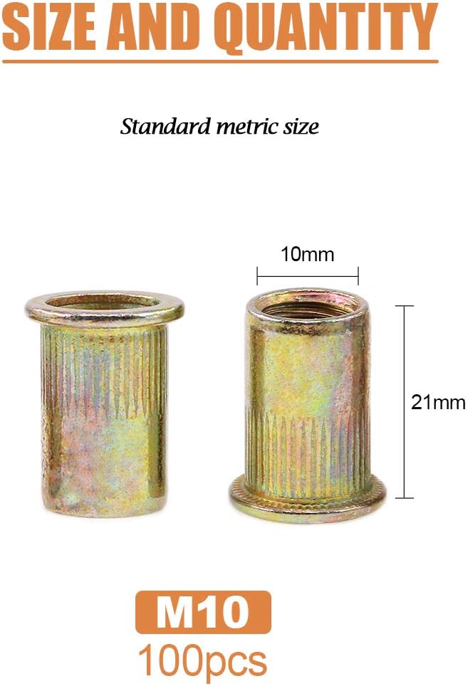 Keadic 100Pcs M10 Rivet Nuts Metric Zinc Plated Rivet Nut Carbon Steel Rivet Nut Flat Head Threaded Insert Kit Threaded Rivet Insert Nutsert Rivnuts Kit for Furniture