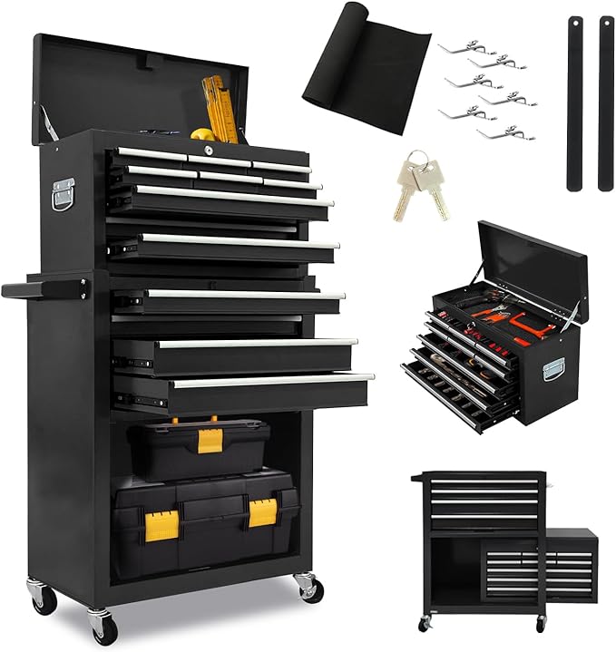 13 Drawers Tool Chest with Wheels,Large Capacity Tool Storage Cabinet with Removable Top Toolbox, Locking Mechanical Tool Cart with Liner,Suitable for Garages, Warehouses-Black