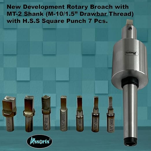 ASSORTS Precision Rotary Broach with MT-2 Shank (M-10/1.5” Drawbar Thread) and H.S.S Square Punch 7 Pcs– Ideal for CNC, Lathe, Milling & Drilling Machines