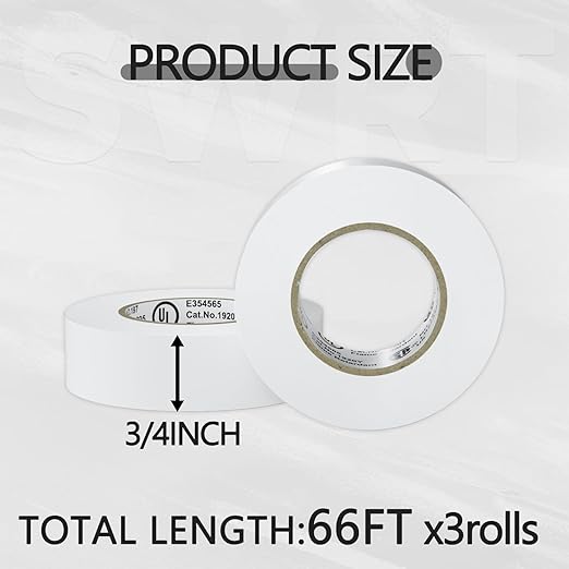 SWRT 0.75 in x 66 FT UL/CSA Listed White Electrical Tape 7 mils -600V, 3 Pack White Electric Tape Flame Retardant, Strong Adhesive, for Home DIY Electrical Repairs Professional Installations