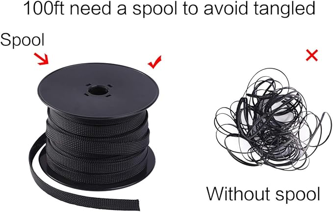 Keco 100ft – 1/4 inch PET Braided Expandable Cable Sleeve – Wire Sleeving for Audio Video and Other Home Device Cable Automotive Wire - Black