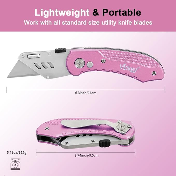 Vickay Box Cutter Utility Knife Heavy Duty with 5 SK5 Quick Change Blades, Safety Axis Lock Design Razor Knife, Lightweight Aluminum Body Belt Clip for Office (Pink)