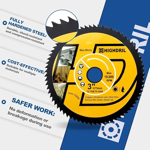 HIGHDRIL HSS Metal Blade 3" 75mm x Arbor 3/8" 10mm - 4pcs Angle Grinder Cutting Disc for Cutting Copper Aluminum Plastic Soft Metal