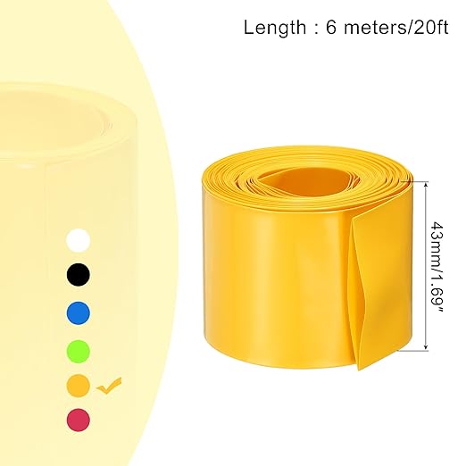MECCANIXITY Battery Wrap PVC Heat Shrink Tubing 26mm Dia 43mm Flat 20 Feet(6meters) Yellow Good Insulation for Battery Pack