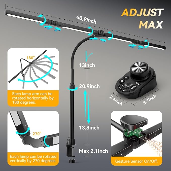 Adjustable LED Desk Lamp – Stepless Dimming & Color Temp Remote Control, Eye-Caring 4 Large Bright Light Souce for Home Office, Gooseneck, Clamp Base, 5 Lighting Modes for Reading, Computer, DIY