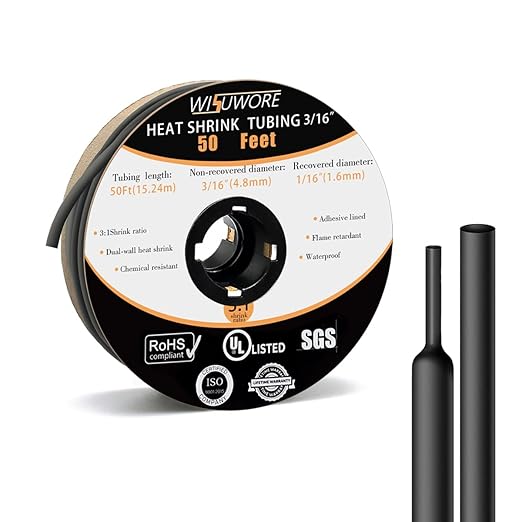 Heat Shrink Tubing,50 Feet Roll, 3:1 Ratio Adhesive Lined Marine Grade Shrink Wrap Tubing,Insulation Sealing Oil-Proof Wear-Resistant,UL Listed and RoHS Compliant,3/16 inchs Black