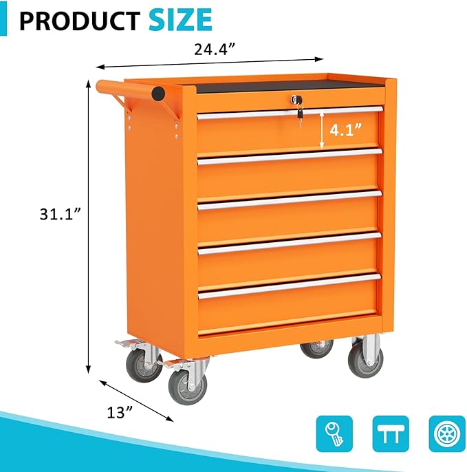 5 Drawers Rolling Tool Chest, Portable Storage Tool Box with Wheels, Tool Chest with Lock for Warehouse, Garage, Repair Shop and Tool Room